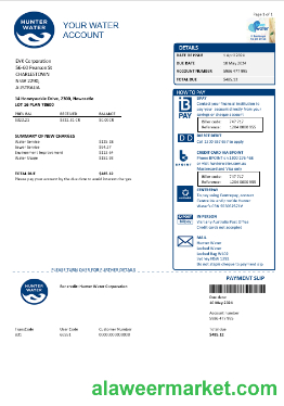 Australia Hunter Water business utility bill template in Word and PDF format